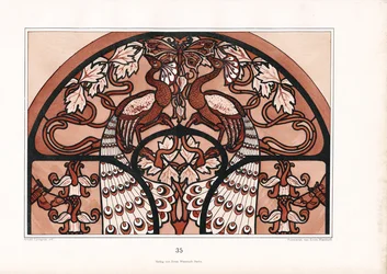 Diseño ornamental semicircular con pareja de pavos reales y mariposa