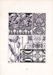Lirios estilizados en diversas formas ornamentales (litografía)
