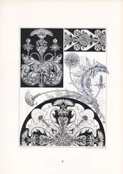 Ornamentos estilizados de cardos en blanco y negro