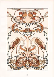 Adorno Art Nouveau simétrico con libélulas, garzas y criaturas míticas (litografía)