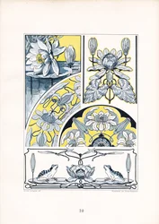 Motivos de nenúfares en composición azul-amarillo (litografía)