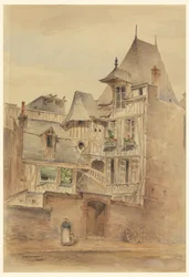Dibujo, Escena callejera con casas medievales, ca. 1885