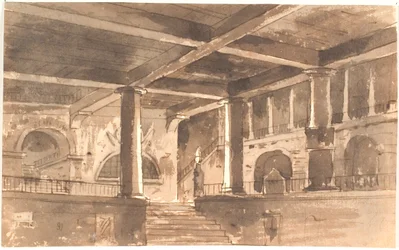 Vestíbulo con escalera, columnas y bóvedas