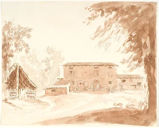 Edificios de granja en un paisaje con carro, animales y personas