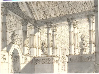 Interior (¿de un templo?) con columnas y estatuas