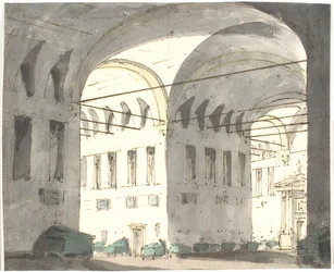 Interior con grandes arcos y camas