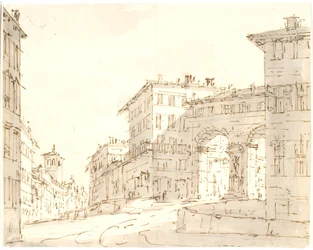 Calle italiana con iglesia a la izquierda y portal a la derecha