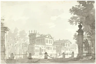 Palacio en parque cercado, a la derecha una puerta de reja