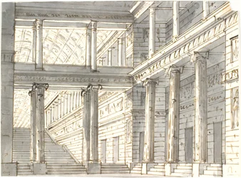 Interior del palacio con columnas y escalera