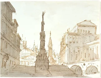 Escalera con columna rodeada de palacios e iglesias