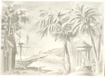 Paisaje costero tropical con palmeras, barco y pequeño templo (¿Buda?)