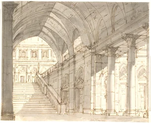 Vestíbulo con escalera y columnas