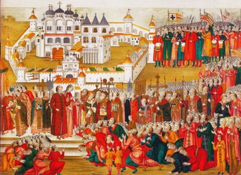 Una multitud en el Monasterio de Hypatian implorando a la madre de Mikhail Romanov que lo deje ir a Moscú