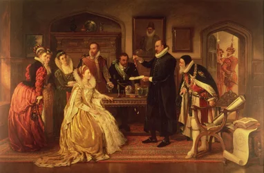 El Dr. William Gilbert mostrando su experimento sobre electricidad a la Reina Isabel I y su corte