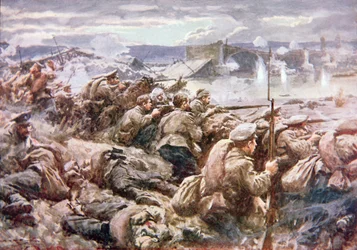 Una heroica acción de retaguardia rusa en la gran retirada polaca (litografía en color)