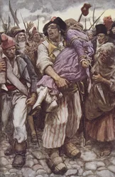 La Pimpinela Escarlata al Rescate, ilustración para "La Pimpinela Escarlata" de la Baronesa Orczy (1865-1947) (litografía en color)