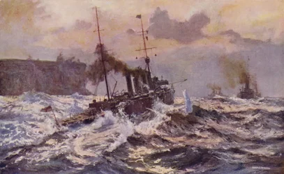 Buques de guerra de la marina australiana saliendo del puerto de Sydney (litografia en color)