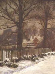 Olmos en una calle nevada (óleo sobre lienzo)