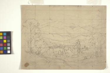 Study For Mountainous Landscape (lápiz sobre papel blanco cuadriculado para transferencia)
