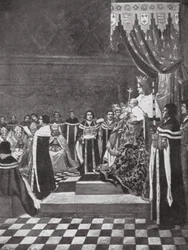 Enrique VI inaugurando el Parlamento con su madre (litografía)