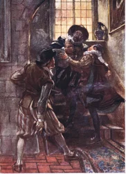 Mientras caía, el príncipe gritó, Oh Dios mío, ten piedad de mi alma, ilustración de Romance de la Historia: Los Países Bajos, años 1920