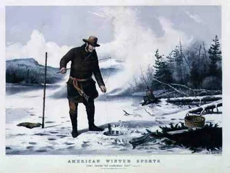 Deportes de Invierno Americanos: Pesca de Trucha en el Lago Chateaugay, pub. por Currier & Ives