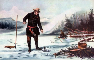 Pesca de truchas en el lago Chateaugay, Deportes de invierno americanos, 1856