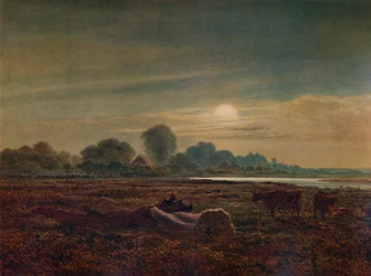 Escena del río a la luz de la luna, con ganado