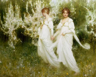 "Inocencia" Dos mujeres vestidas de blanco, símbolo de inocencia y pureza, pasean por un jardín. Pintura de Arthur Hacker (1858-1919) (prerrafaelita) Colección particular