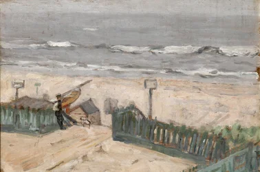 Casetas de baño con pescador y perro, c.1900