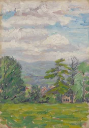 Vista a través del prado y árbol con valle más allá