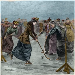 Hockey sobre hielo: un partido de damas en el lago en Wimbledon Park (coloración posterior)