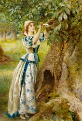 Romanticismo: "El buzón del amor" Una joven deja una carta para su amante en el tronco de un árbol. Pintura de Arthur Hopkins (1848-1930)