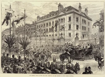 La visita de la Reina al East End, llegada de Su Majestad al Hospital de Londres