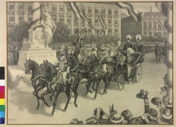 Traslado del emperador Guillermo II y el emperador Francisco José I en Budapest 1897 (dibujo a lápiz)