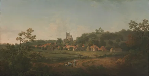 Vista lejana del pueblo y la iglesia de Hythe, Kent