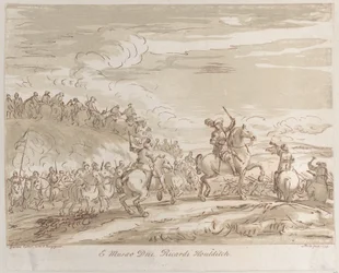Caballería avanzando al ataque, con una figura central a caballo levantando una espada, 1735