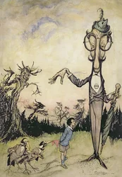 Un gigante con un niño y dos cuervos, ilustración de The Book of Betty Barber de Maggie Brown, publicado en 1910, coloreada posteriormente por Harry Rountree, 1878-1950, también una ilustración para el Book o