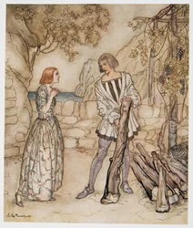 Ay, ahora, por favor, no trabajes tan duro, ilustración de La Tempestad de William Shakespeare, pub. 1926