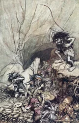 Alberich conduce una banda de Nibelungos cargados con tesoros de oro y plata. Ilustración para El Rhi