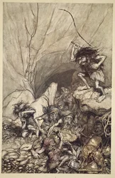 Albrech conduce una banda de nibelungos con tesoros de oro y plata, de "El oro del Rin y la valquiria".