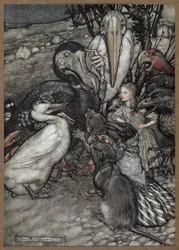 Alice y los animales después de la Carrera de Caucus, incluyendo un dodo, un pato, una rata, un cuervo y un loro.