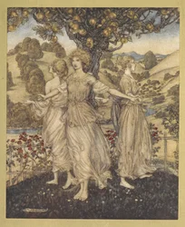 Todo en medio de la belleza del jardín de Héspero y de sus tres hijas, que cantan sobre el árbol dorado.