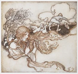 Ilustración de una niña cepillándose el pelo con gansos y un niño de fondo, de The Goosegirl.