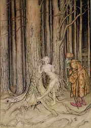 Finalmente conoció al novio que volvía lentamente, ilustración de Fitchers Bird, de Little Brother, Little Sister, por los Hermanos Grimm, 1917