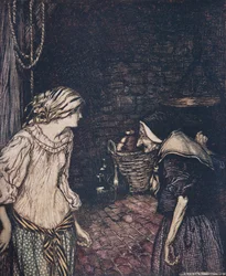 Finalmente llegó al sótano, y allí encontró a una vieja, vieja mujer con una cabeza temblorosa..., de Los cuentos de hadas de los hermanos Grimm, pub. 1909
