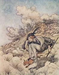 Se alejaron volando sobre troncos y piedras, a tal velocidad que su cabello silbaba en el viento, de Los cuentos de hadas de los hermanos Grimm, pub. 1909