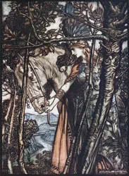 Brünnhilde lleva a su caballo por la brida. Ilustración para El oro del Rin y La valquiria de Richa
