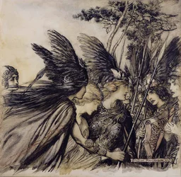 Brunilda Implora a las Valquirias, Ilustración de El Oro del Rin y la Valquiria, por Richard Wagner, edición publicada en 1910