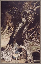 La mantequilla se obtiene de las raíces de los árboles viejos, de Peter Pan en los Jardines de Kensington por J M Barrie (1860 - 1937), pub. 1906